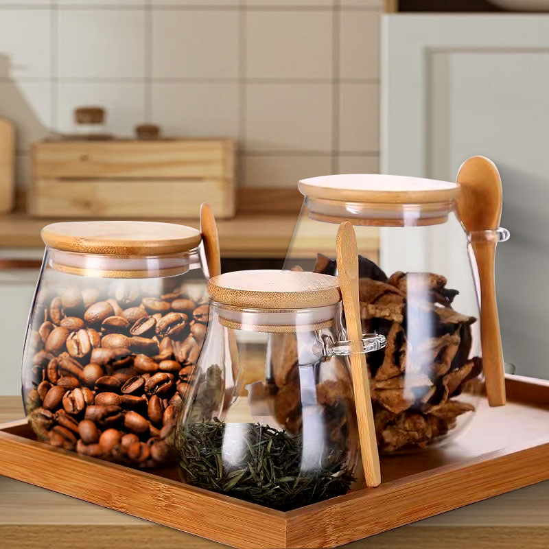 Meal Prep Glass Containers With Lids - スプーンと蓋付きのガラスジャー、透明なスパイスジャー、小さな食品保存容器、砂糖、お茶、キッチン、コーヒー、34オンス
