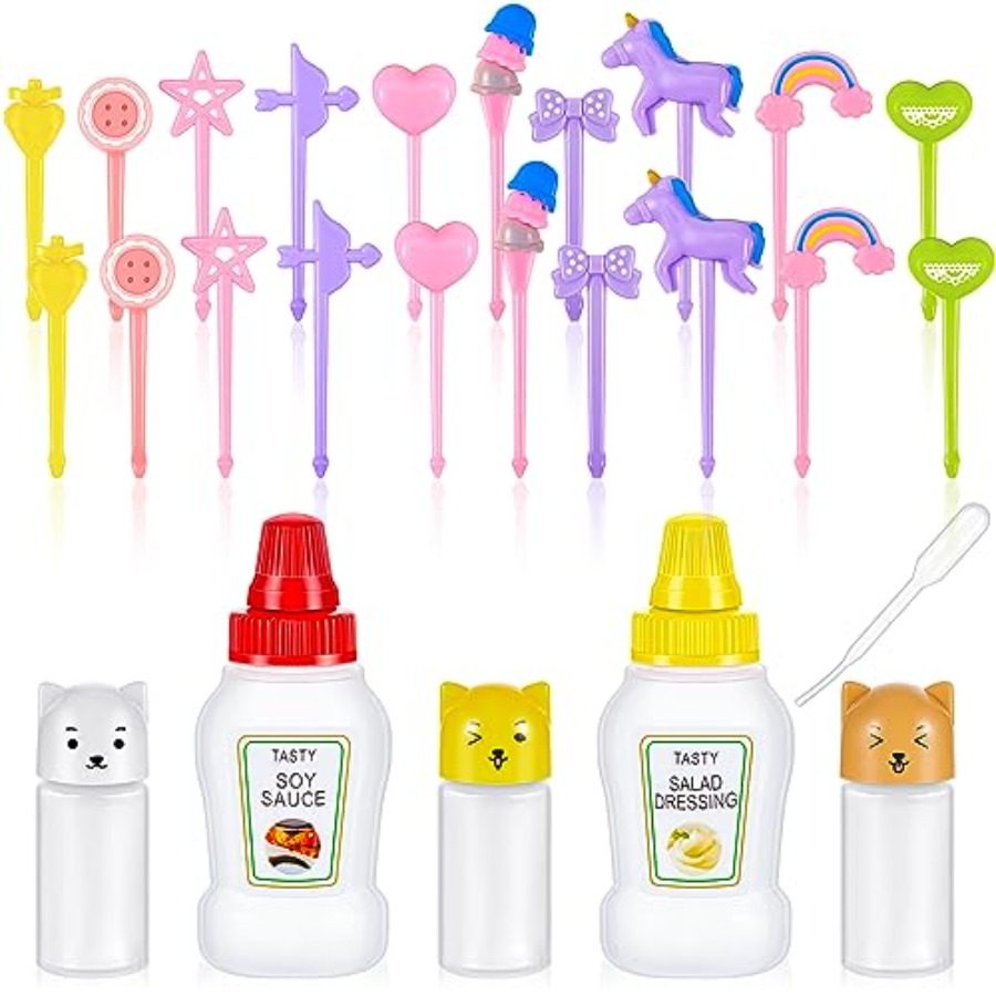 Sauce Squeeze Bottle - 26個入りランチ弁当用醤油ケース容器、5個のミニ調味料スクイーズボトル（ドロッパー付き）と20個の動物型フードピック（ランチ用）