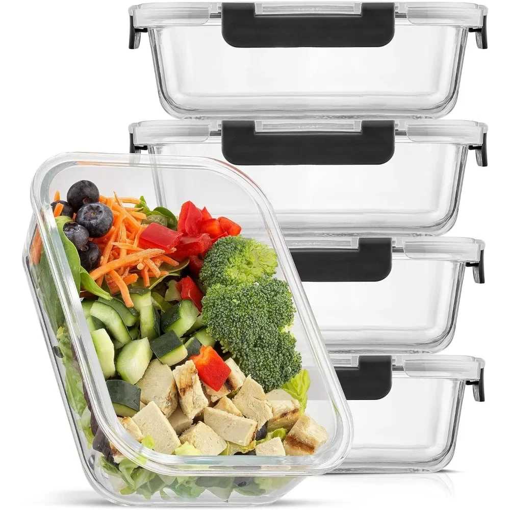 Meal Prep Glass Containers With Lids - y 蓋付きガラス食品保存容器。 5個パック ガラス製ミールプレップ容器 再利用可能 35オンス