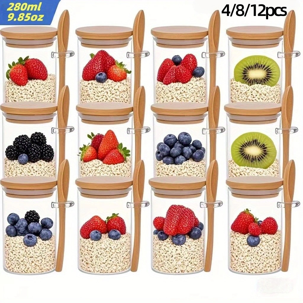Meal Prep Glass Containers With Lids - 4/8/12個入り、蓋付きオートミール朝食カップ（9.85オンス/280ml）、ミールプレップ容器、チアシード、プリン、ヨーグルトに適したガラス瓶