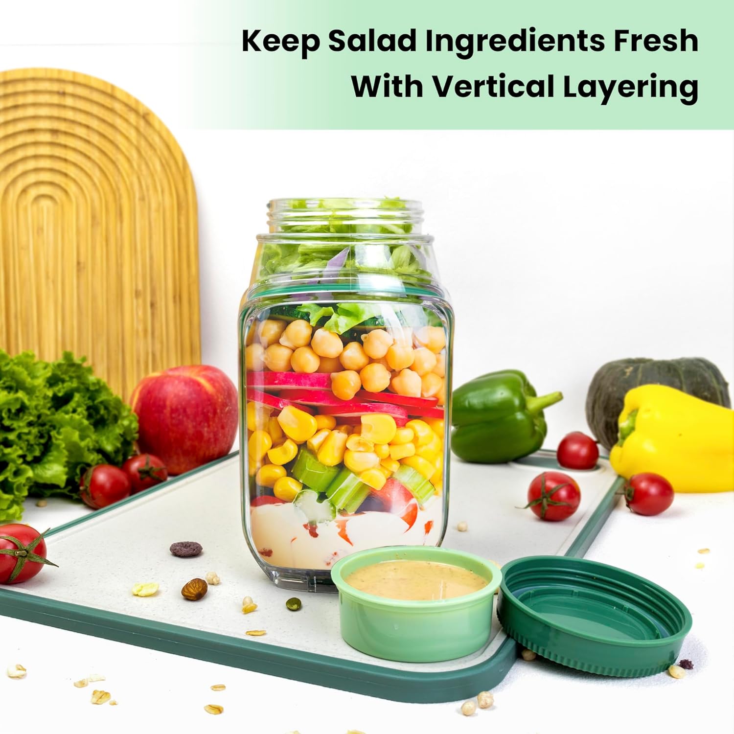 Meal Prep Jar Salad - 2個セット 34オンス サラダジャー容器 サイド開口部付き – 漏れ防止気密ランチボウル