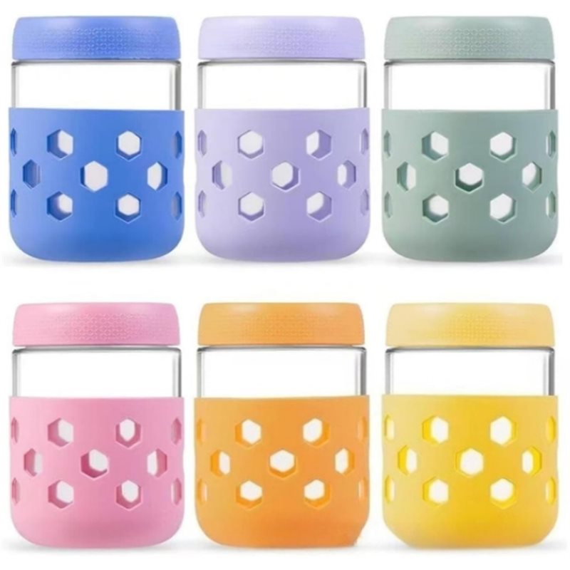 Meal Prep Glass Containers With Lids - 密閉蓋付きソフトガラス瓶、広口ミールプレップジャー（1セット）、蓋とシリコンスリーブ付きオーバーナイトオートミール容器