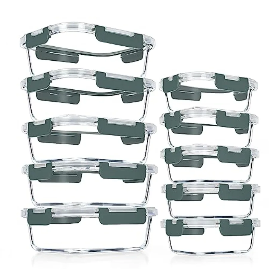 Meal Prep Glass Containers With Lids - 10個入りガラス製ミールプレップ容器、気密ガラス製ランチ容器、積み重ね可能なガラス製食品保存容器セット（蓋付き）、BPAフリー