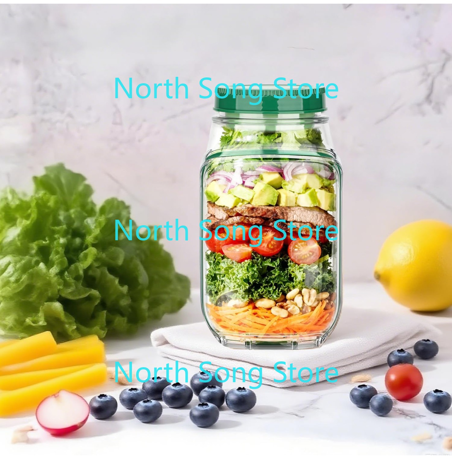 Meal Prep Jar Salad - 2026年新型サイドオープン式サラダメイソンジャー、漏れ防止ポータブルミールプレップ容器（ドレッシングコンパートメント付き）、家庭、オフィスに最適