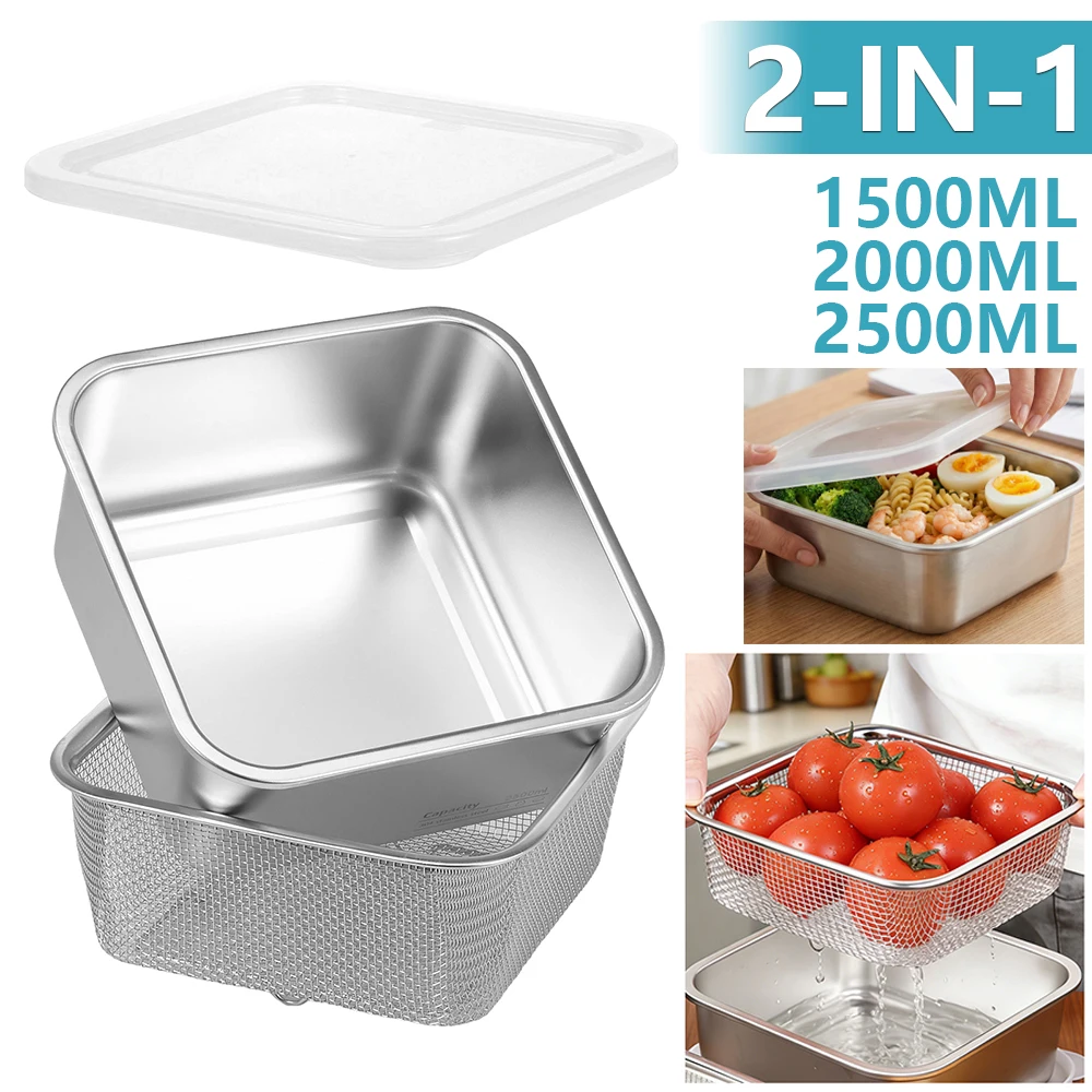 Meal Prep With Rice - 2 in 1ステンレス製フルーツ洗浄ボウル、蓋付き正方形ザルセット、食事準備容器、米洗いボウル、キッチンフードボックス