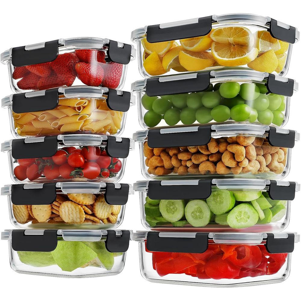 Meal Prep Glass Containers With Lids - 10個入り ホウケイ酸ガラス製ミールプレップ容器、ロック式蓋付き、ガラス製食品保存容器、気密ランチ弁当箱、BPAフリー＆漏れ防止