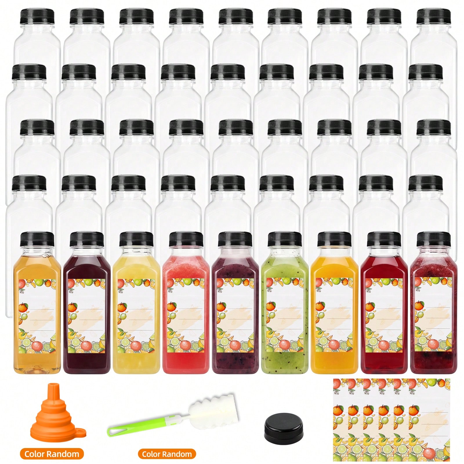 Meal Prep Juice Bottles - プラスチック製ジュースボトル モダンでスタイリッシュな透明な12オンス角型空容器 再利用可能 ブラックキャップ付き ファネルブラシ ラベル付き