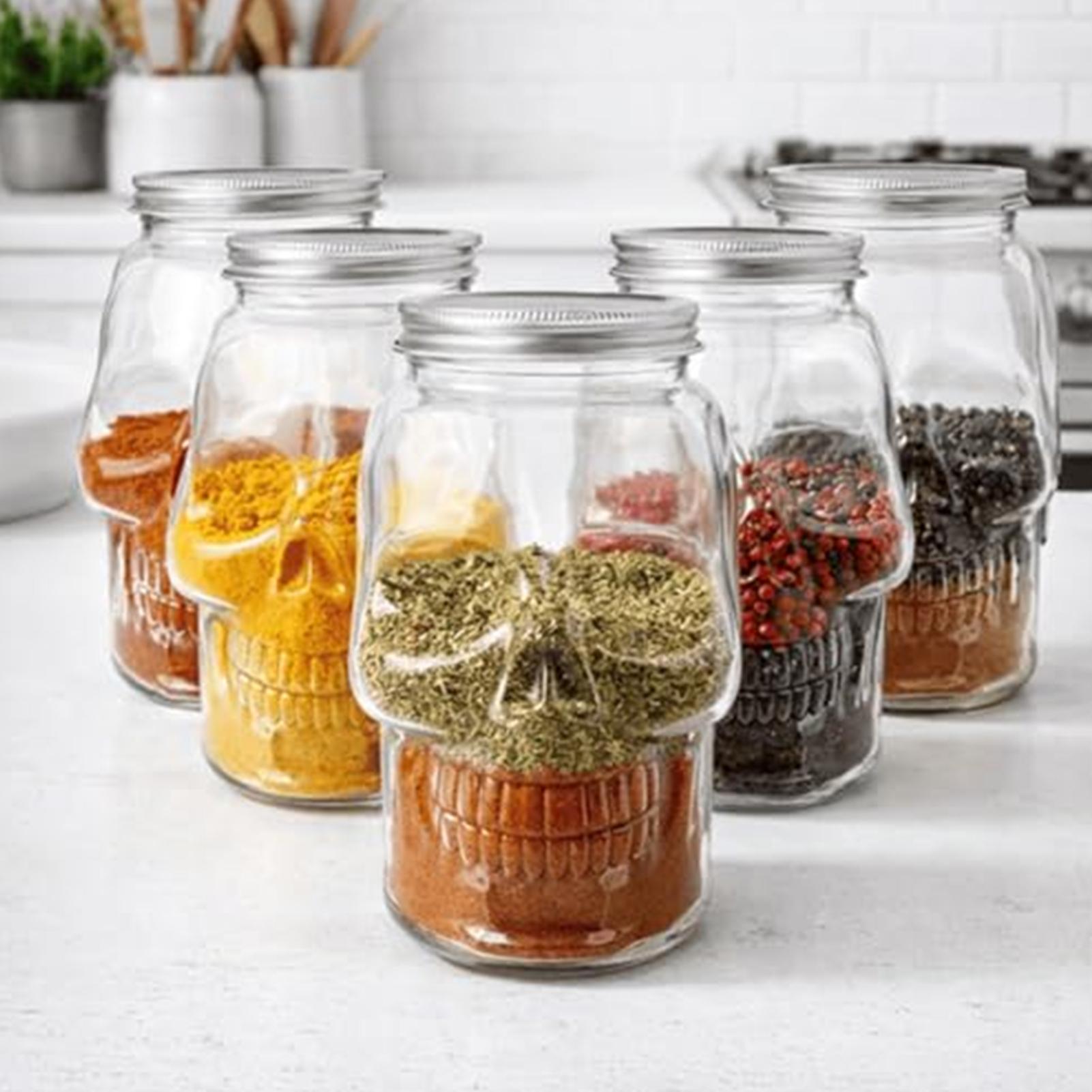 Meal Prep Jar Salad - 透明な蓋付きスカルジャー、広口メイソンジャー、食品保存、サラダ、ジャムの保存、ハロウィンパーティー用品