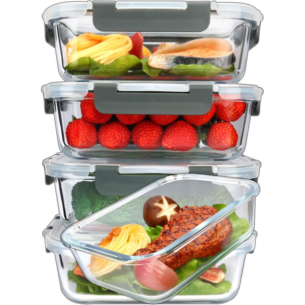 Meal Prep Glass Containers With Lids - 5個パック、36オンスガラス製ミールプレップ容器、スナップロック式蓋、気密ランチ容器、電子レンジ、オーブン、冷凍庫、食器洗い機対応