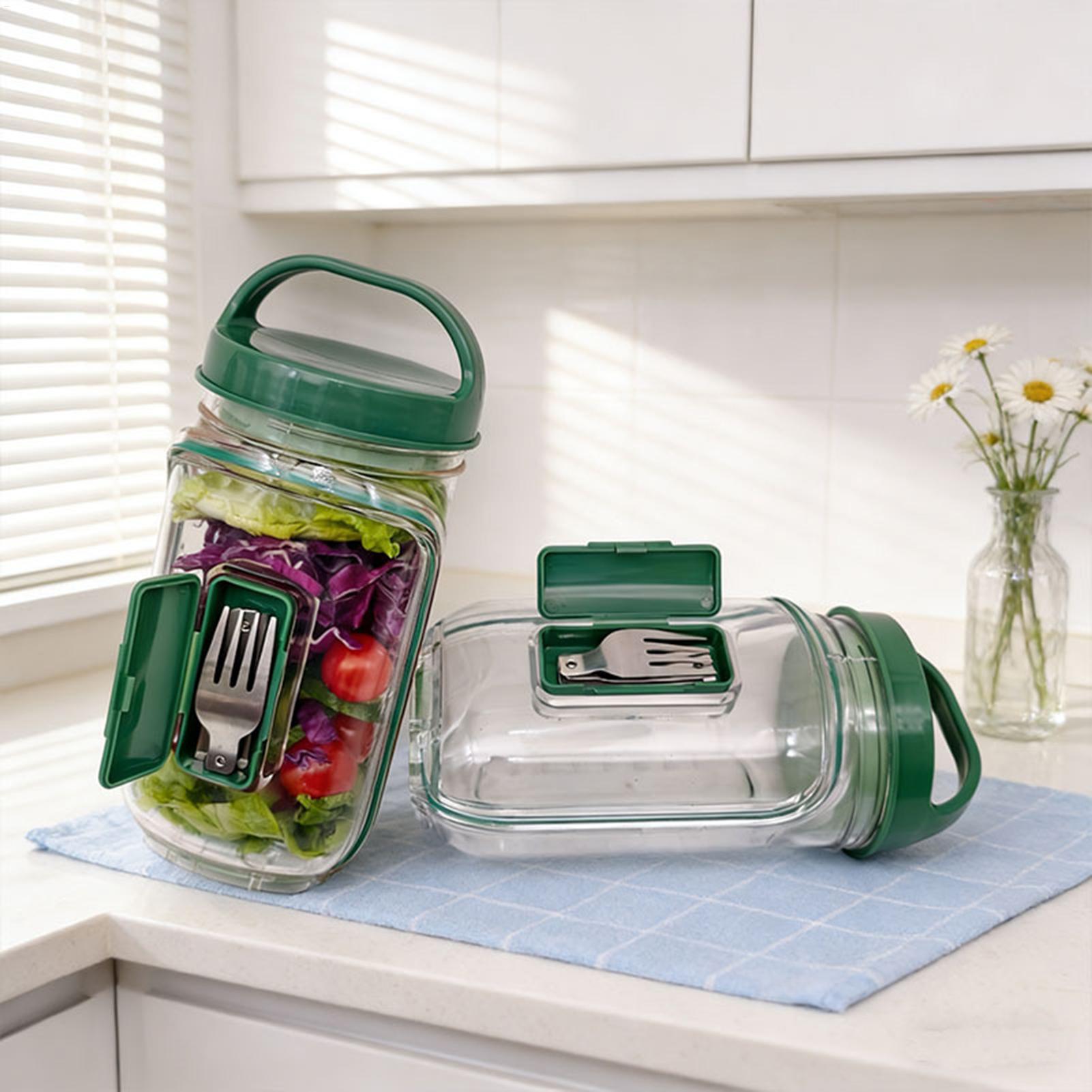 Meal Prep Jar Salad - 1000ml漏れ防止サラダ容器、サイドオープン式サラダジャー、ランチ、仕事、オフィス、ジム、旅行用のドレッシングカップ付きミールプレップジャー