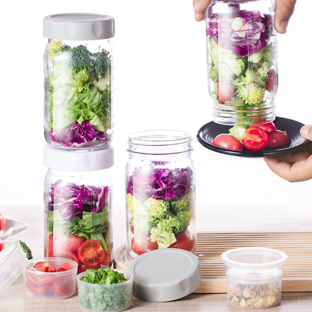 Meal Prep Jar Salad - 4個セット 32オンス ガラス製サラダジャー 目盛り付き ソースカップ内蔵 メイソンジャー