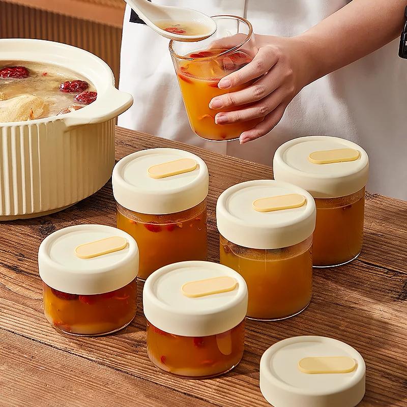 Meal Prep Juice Bottles - 1Pc 240/400ML ガラス食品保存瓶、密封されたシリコン蓋付き、耐熱性、電子レンジ対応、スープ、ジュース容器、シリアルジャー