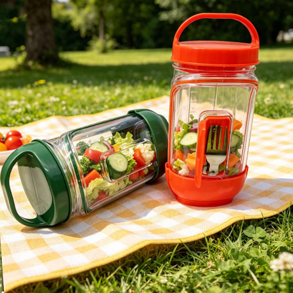 Meal Prep Jar Salad - 漏れ防止サイドオープンサラダジャー、ドレッシングコンパートメント付きミールプレップボックス、食品に安全な旅行/ランチ用ボウル、フォーク付き縦型プラスチックジャー