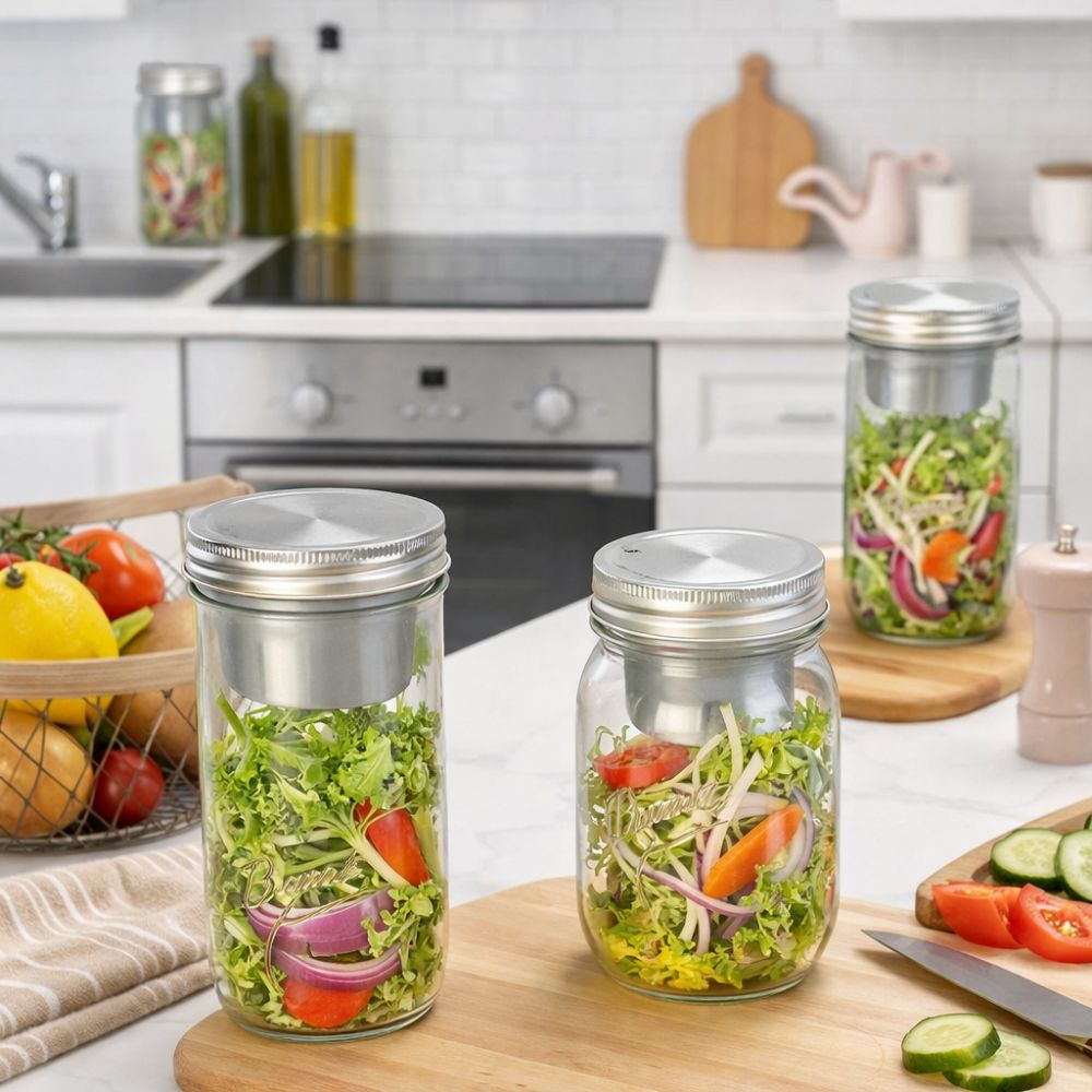 Meal Prep Jar Salad - 16/24オンス サラダガラスジャー 広口 ソースカップ付き サラダ容器 密閉型