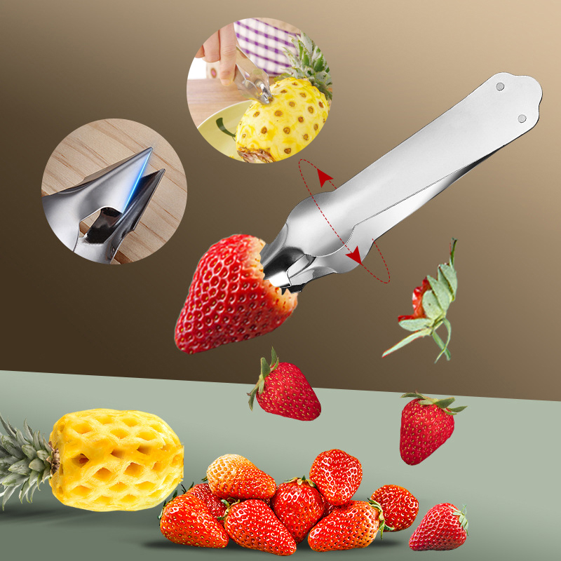 Pineapple Corer Slicer - ストロベリーハラーフルーツ皮むき器、パイナップルコアラー、スライサーカッター、ステンレス鋼包丁、ガジェットクリップ