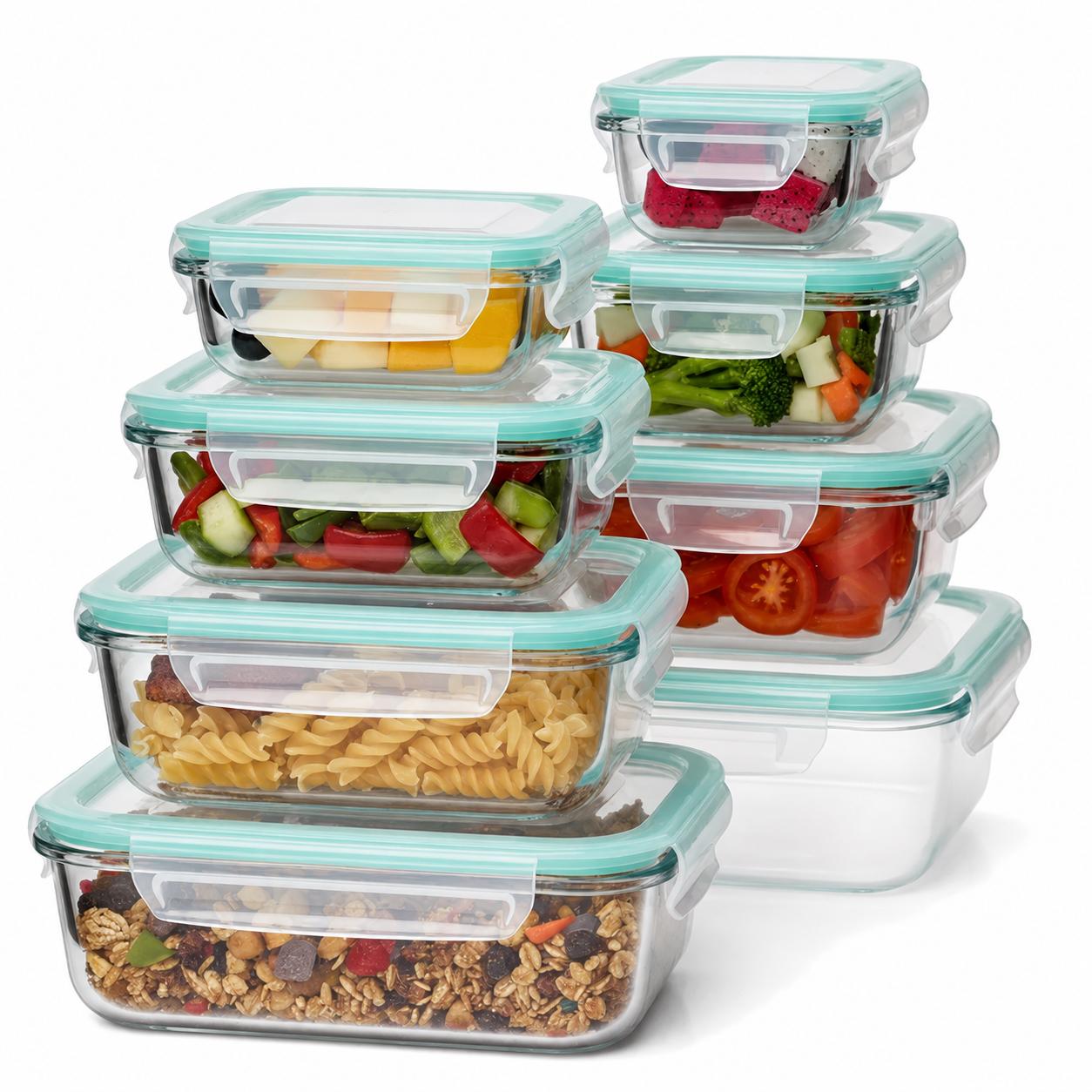 Meal Prep Glass Containers With Lids - 8個入り ホウケイ酸ガラス製食品保存容器 気密性のある漏れ防止シリコン蓋付き BPAフリー スタッカブル ミールプレップ