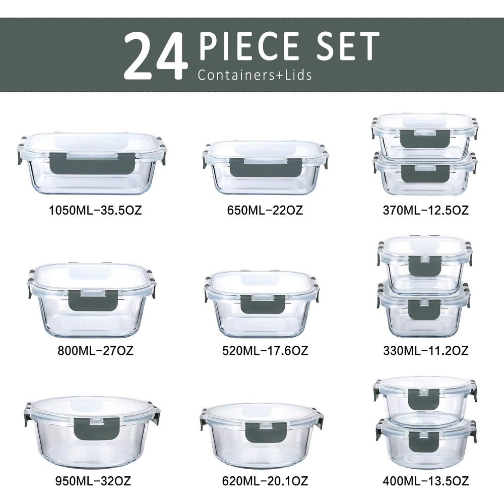 24個入りガラス製食品保存容器、スナップロック式蓋付き、気密 - Meal Prep Glass Containers With Lids のレビューと価格