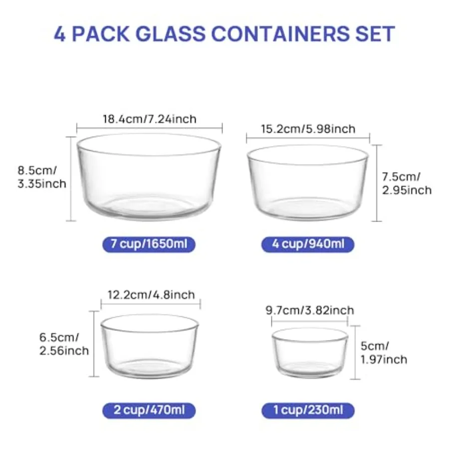 蓋付きガラスボウル4個セット（1カップ、2カップ、4カップ、 - Meal Prep Glass Containers With Lids のレビューと価格
