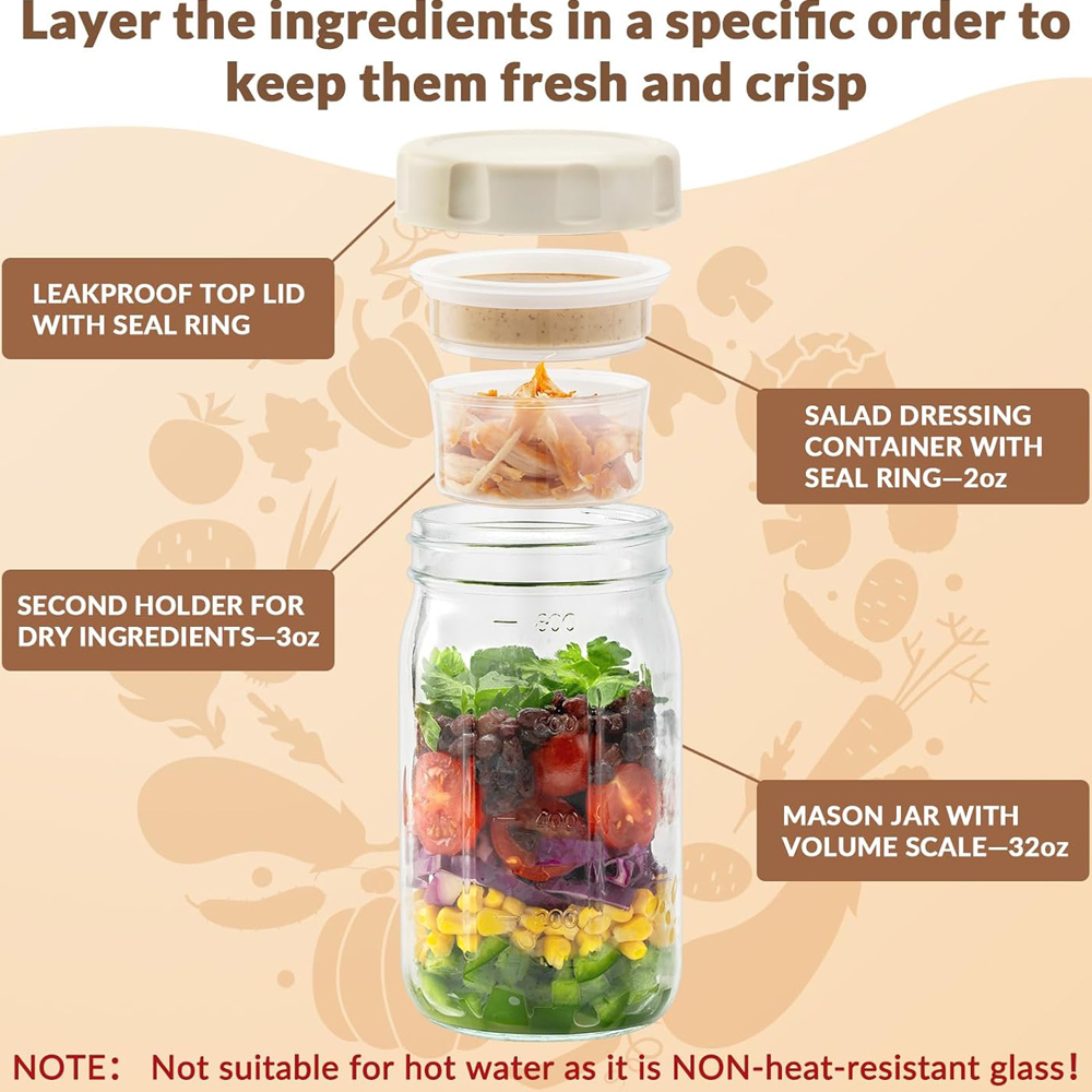 4個入りガラス製サラダジャー 蓋付き、食事準備用、漏れ防止ラ - Meal Prep Jar Salad のレビューと価格