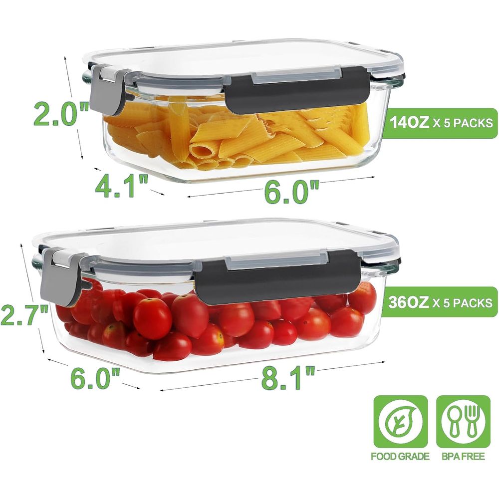 10個入り ホウケイ酸ガラス製ミールプレップ容器、ロック式蓋 - Meal Prep Glass Containers With Lids のレビューと価格